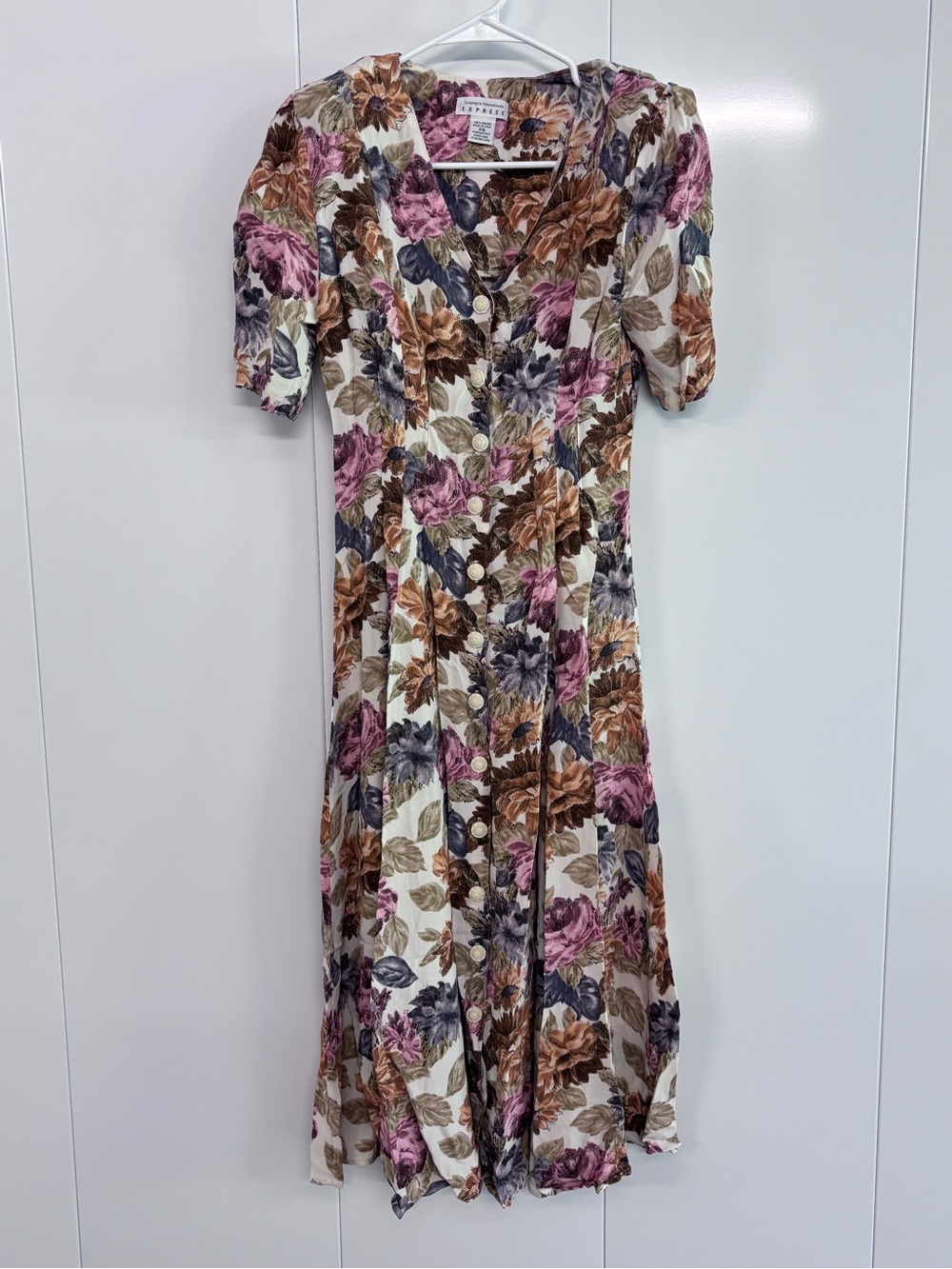 Vintage 90s Express Floral Rayon Midi Dress Button Down Cottagecore Size 7/8 VTG